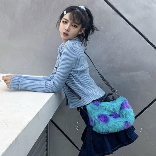 Soft Plush Cool Girls Messenger Bag Contrast Color Dots Ladies Small Shoulder Bags Fashion Design Women Furry Purse Handbag Tote