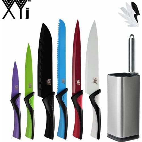 XYj 8pcs Cooking Kitchen Knives Set Stainless Steel Sharp Blade Plastic Colorful Handle Chef Knife Holder Sharpener Cooking Tool