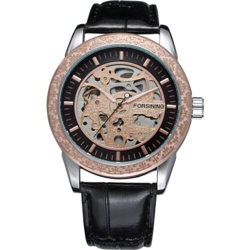 Luxury Men Watches Forsining Top Brand Gold Crystal Carved Case Leather Strap Male Wristwatches Automatic Mechanical Watch Clock