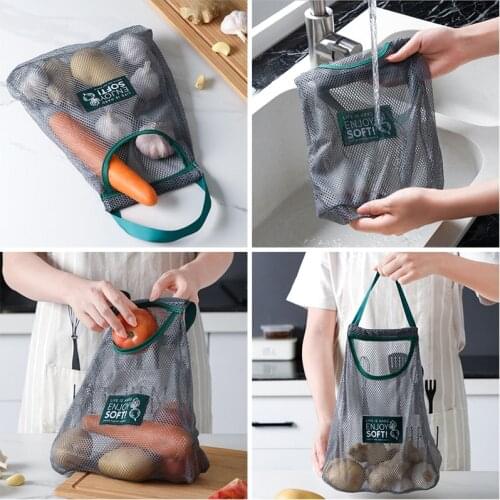 Foldable Vegetable Fruit Hanging Mesh Storage Bag Reusable Breathable Reusable Mesh Bags Washable Net Bag Kitchen Storage