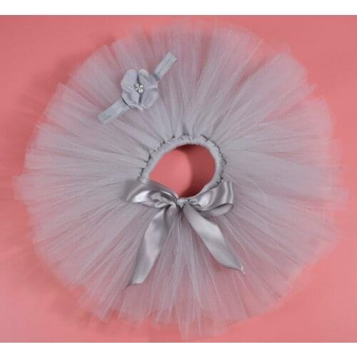 Light Gray Baby Girls Fluffy Tutu Skirt & Headband Set Newborn Photo Prop Costume Infant Birthday Tulle Tutus Outfit For 0-12M