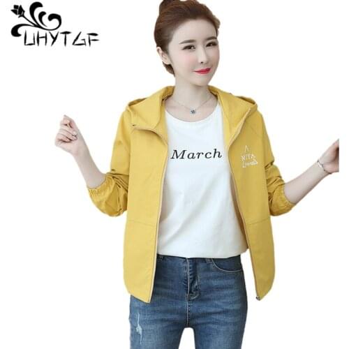 UHYTGF Student Spring Summer Jacket Women Fashion Hooded Baseball Uniform Casual Short Coat Female Loose Plus Size Outerwear1554