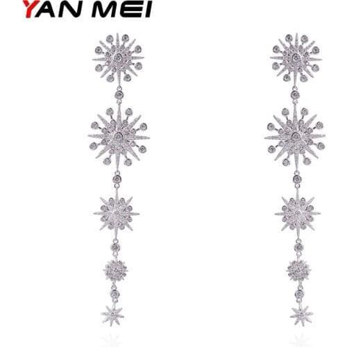 YAN MEI Women Star Shape White Gold Color AAA CZ Long Dangle Earrings Luxury Jewelry GLE5764Y