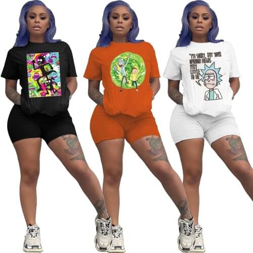 Women Clothing Sets Summer Cartoon Printed Short Sleeve Tops T-Shirts Loose Casual Short Sets Sport Fitness Outfit Matching Set