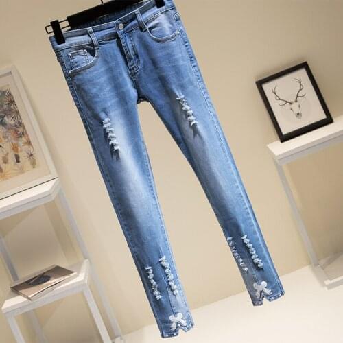 Lente Split Ripped Jeans Hoge Taille Stretch Skinny Met Gaten Potlood Broek Voor Meisjes Plus Size Vrouwelijke Anklelength denim
