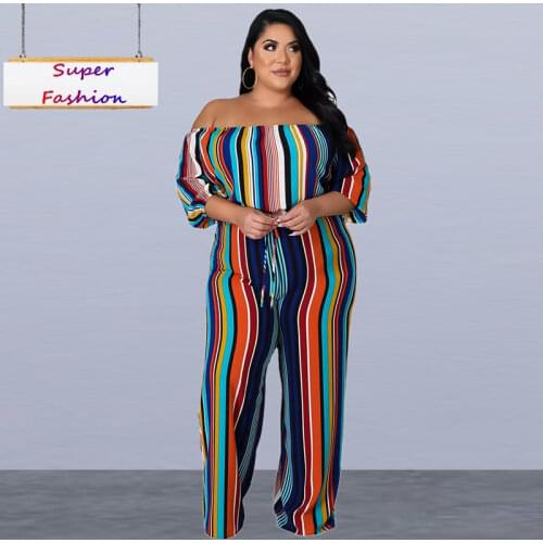 XL-5XL Autumn Large Plus size jumpsuit women clothing stripe half sleeve top wide leg pant casual rompers Wholesale Dropshipping