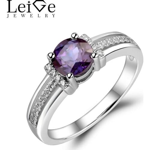Leige Jewelry Alexandrite Ring 925 Sterling Silver Engagement Promise Rings Round Cut Gemstone Jewelry for Women June Birthstone