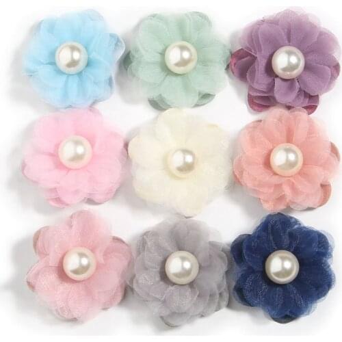 10PCS 4.2CM 1.6" Mini Lace Trim Chiffon Fabric Flowers With Pearl Boutique Wedding Dress DIY Flowers Bride Hair Veil Clothes