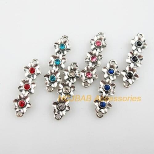 12Pcs Tibetan Silver Tone Crystal Mixed 3-Flower Charms Connectors 8.5x28mm