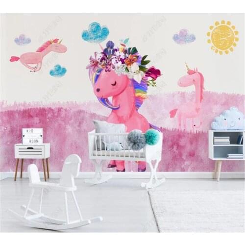 Beibehang Custom wallpaper 3D Nordic modern minimalist hand-painted fashion pink unicorn childrens room background wall