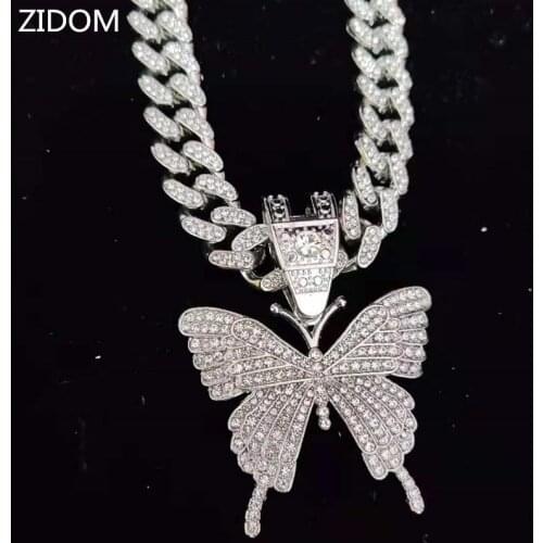 Men Women Hip Hop Iced Out Bling butterfly Pendant Necklace with 13mm Width Cuban Chain HipHop Necklaces Fashion Charm Jewelry