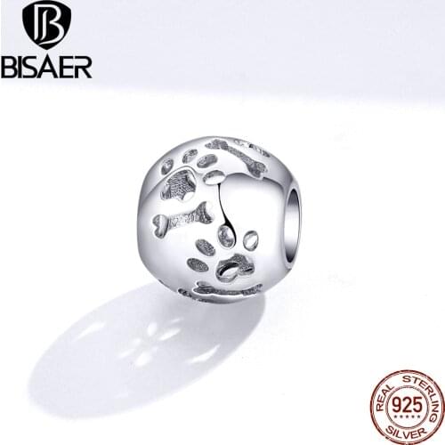 Footprints Beads BISAER Authentic 925 Sterling Silver Pet Dog Footprints Beads Charms fit Bracelets Bangles 925 Jewelry EFC140
