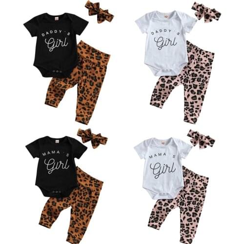 FOCUSNORM Mama/Daddy Girls Baby Girls Clothes Sets 3pcs Letter Short Sleeve Romper Leopard Pants Headband 0-18M