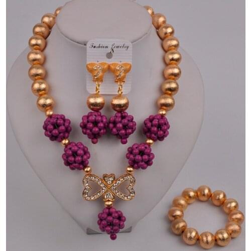 Fashion Nigeria Bride Wedding Accessories Dubai Gold African Necklace Purple Jewelry Set