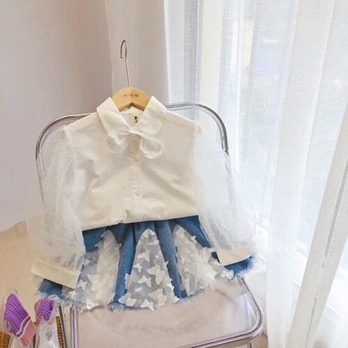 Fashion Girls Princess 2pcs Clothes Set Baby Kids Children Autumn Mesh Long Sleeve Shirt+Jeans Flower Skirt Suits S12965