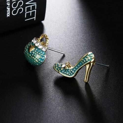 New Trendy High-heeled Shoes Handbag Shape Stud Earrings For Women Colorful Cartoon Asymmetrical Crytstal Earring Gift
