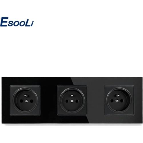 Esooli Crystal Glass Panel French Standard Wall Socket 258*86mm Power Socket Plug Grounded 16A Black Electrical Triple Outlet