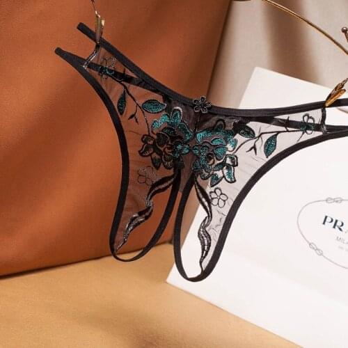 Sexy crotch-free womens panties mesh embroidery retro hollowed out sexy transparent thong ultra-thin low waist t pants G-String