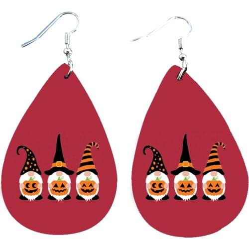 Three Gnomes Happy Halloween Faux Leather Teardrop Earrings Double Print Boo Pumpkin Printed Earrings Wholesale New