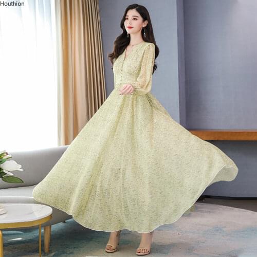 Houthion Womens Dresses Loose Plus Size Solid Long Dress Bohemia New Draw Back Casual Fashion A-LINE Mid-Calf Chiffon