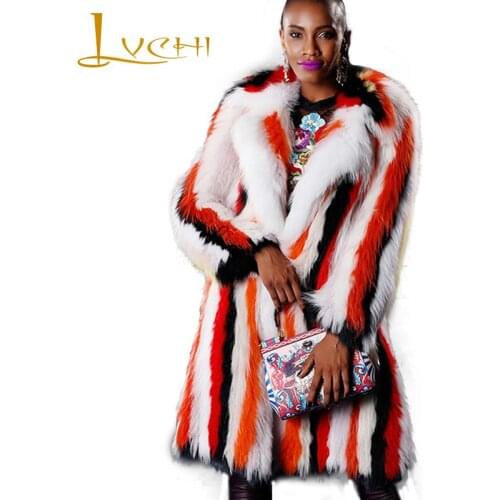 LVCHI Winter Import 2019 Real Fox Fur Coats O-Neck Slim Natural Fox Fur Coat Womens Contrast Color Striped Loss MediumFox Coats