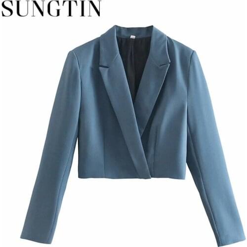 Sungtin Fashion Cropped Blazer Women Korean Casual Solid Slim Short Outerwear Tops Office Lady Sexy Long Sleeves Blazer Coat OL