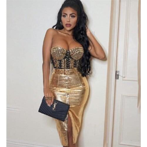 Top Quality Strapless Gold Leather Knee Length Sexy Fashion Dress Cocktail Party Bodycon Dress