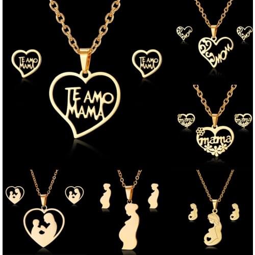 Mom Birthday Mothers Day Jewelry Set Gift Stainless Steel Mama Love Heart Rose Flower Necklace Earrings Thanksgiving Day Gifts