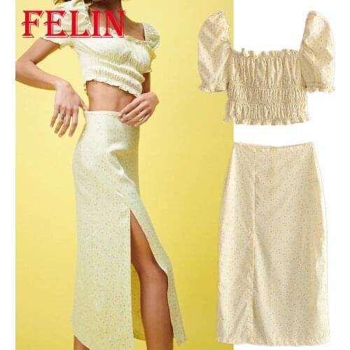 Za Chic Yellow Floral Beach Women Sets 2 Pieces Ruffles Croset Short Blouses and High Waist Front Split Straight Long Skirts