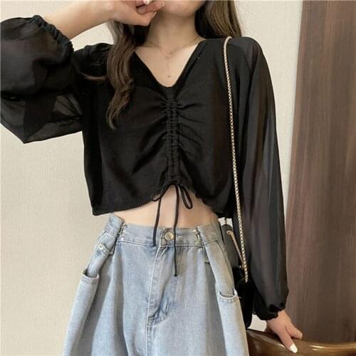 Women 2021 Fashion With Drawstring Solid Cropped Casual V-Neck Long Sleeve Female Sexy Tees Shirts Chic Pullover