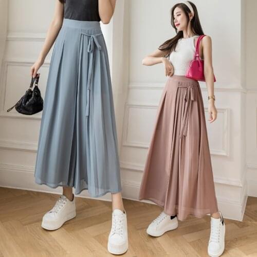 Chiffon Wide Leg Pants Women New Summer 2021 Pleated Nine Point Elastic Waist Casual Skirt Women Trousers Streetwear Black Pant