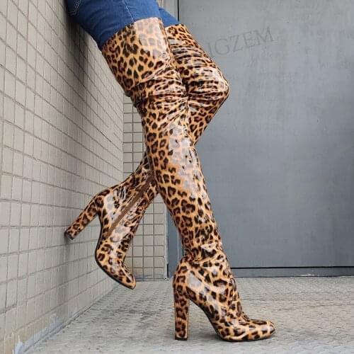 LAIGZEM Women Over High Boots Zip Up Shiny Thick Heels Boots High Bota Mujer Party Ladies Shoes Woman Big Size 40 42 44 47 52