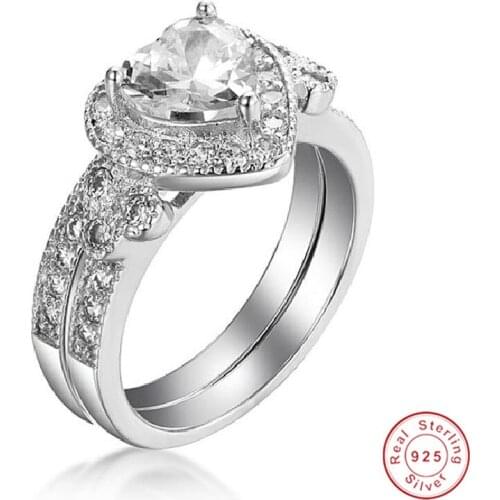 Vintage 925 Sterling silver Heart ring sets 2-in-1 Cocktail wedding Jewelry For Women Simulated Diamond Platinum Size 5-10