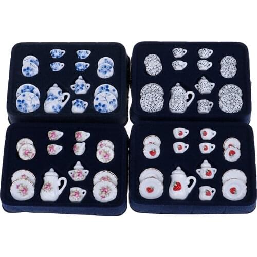15Pcs Porcelain Tea Cup Set Flower Tableware Kitchen Dollhouse Furniture Toys For Children 1:12 Miniature 4 Patterns