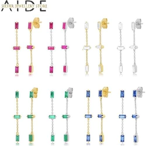 AIDE Geometric Stud Earrings for Women Fashion Colorful Zircon Chain pendientes Pierced Earings Silver 925 Jewelry kolczyki