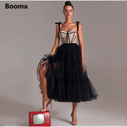 Booma Black Puffy Tulle Prom Dresses Tie-straps Velvet Top Midi Prom Gowns Open Back Tea-Length A-Line Formal Party Dresses