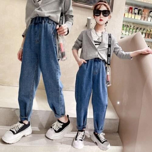 Kids Girls Casual Pleated Loose Jeans Trousers 2021 Spring Autumn New Teenage Girls Harem Denim Pant Children Clothing