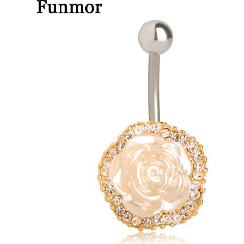 Funmor White Rose Stainless Steel Belly Button Rings Splendid Navel Body Piercing Rings Women Girls Helix Piercing Accessories