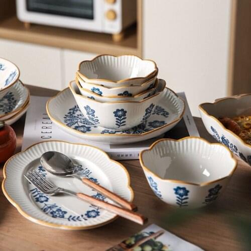 Japanese Style Blue and White Ceramic Tableware Lace Rice Bowl Personality Creative Noodle Bowls Bowl and Plate Combination