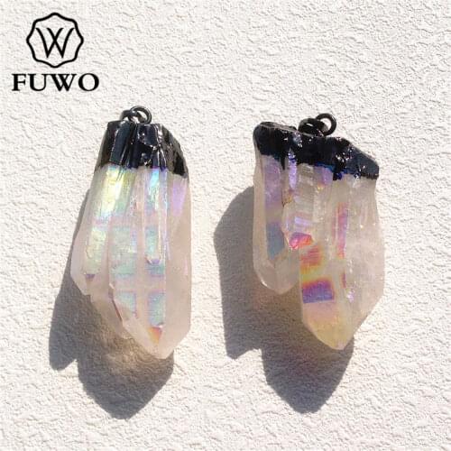 FUWO Natural Angel Aura Crystal Quartz Point Pendant Black Gun Metal Color Crystal Cluster Women Jewelry Wholesale PD043