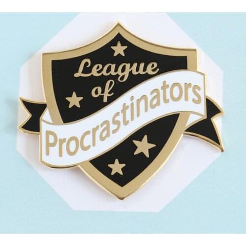 League of Procrastinators Shield Enamel Brooch Pin Backpack Hat Bag Lapel Pins Badges Women Mens Fashion Jewelry Accessories