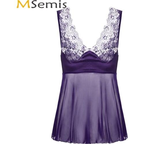 Mens Sissy Sexy Baby Doll Nightdress Porno Crossdressing Lingerie Deep V Lace Floral Sheer Mesh Mini Dress Gay Erotic Nightwear