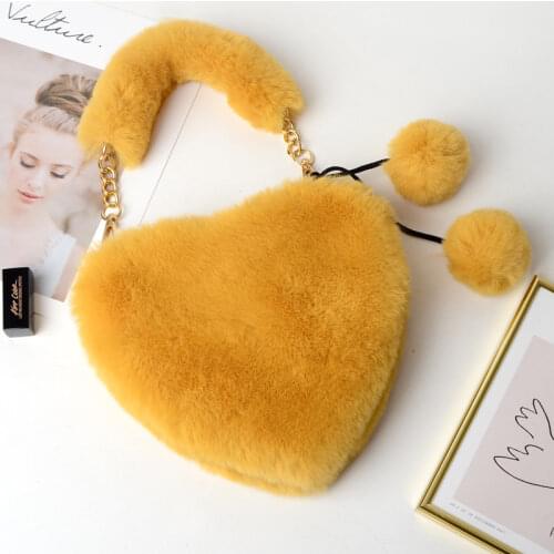 Soft Plush Ladies Chain Shoulder Bags Elegant Faux Fur Women Small Handbags Luxury Female Heart-shaped Evening Clutch Purse