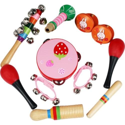 Musical Instrument Set 7 Kinds Tambourine Drum Percussion Toys for Toddlers Kids Pink