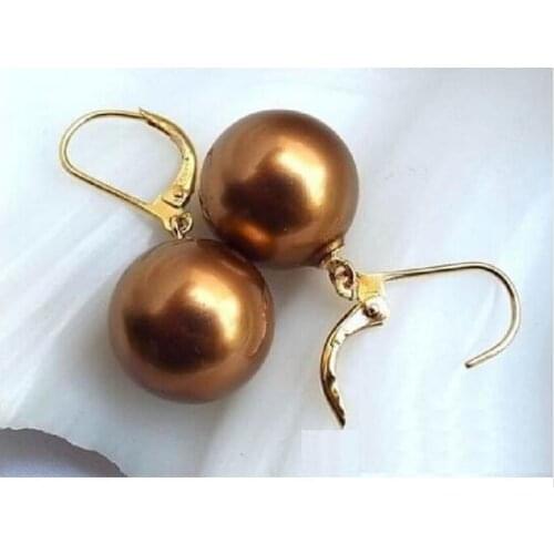 Huge AAAA+ 16mm chocolate South Sea Shell Pearl Earring 14 Gold