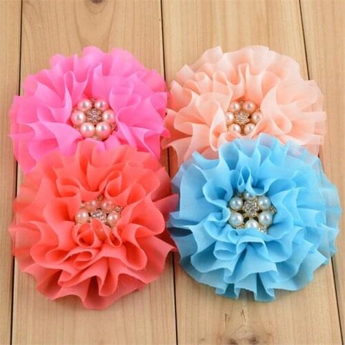 Wholesale 200pcs/lot Handmade 3.5" Chiffon Solid Flower Rhinestone Center DIY Girls Hair Accessories Free Shipping TH86