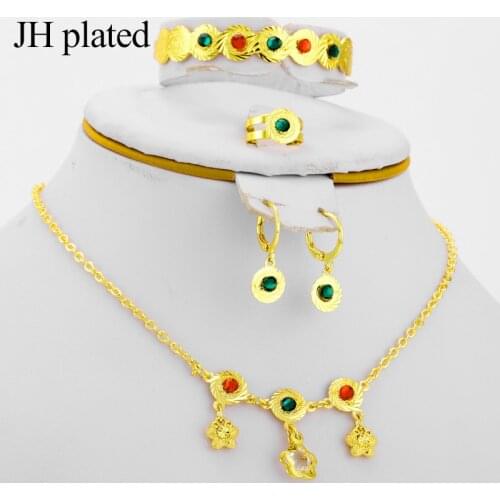 JHplated Baby Kids Children Girl Jewelry Sets Gold Color Cute Pendant Necklace Bracelet Earrings Adjustable Ring