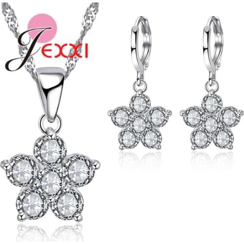 Romantic 5 Petals/6 Petals Flower Shape Shiny Crystal Necklace Earring Set 925 Sterling Jewelry Set Bridal Jewelry