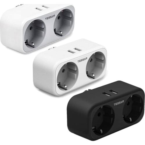 TESSAN Gray/White/Black EU USB Socket with 2 USB Ports 2 AC Outlets 4-in-1 Wall Socket Power Strip for Smartphone, MP3, Camera