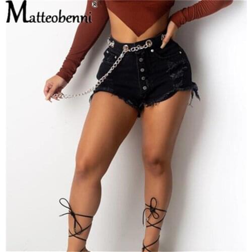 Summer Womens Ripped Frayed Tassel Chain Button Jeans Shorts Ladies Fashion Sexy High Waist Casual Black Streetwear Denim Shorts